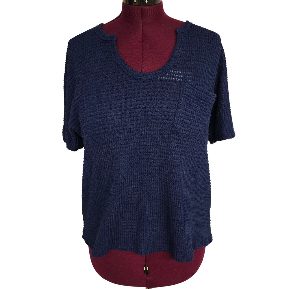 Women's Zenana Blue Oversized Waffle Knit Short Sleeve Sweater Top | Size Small